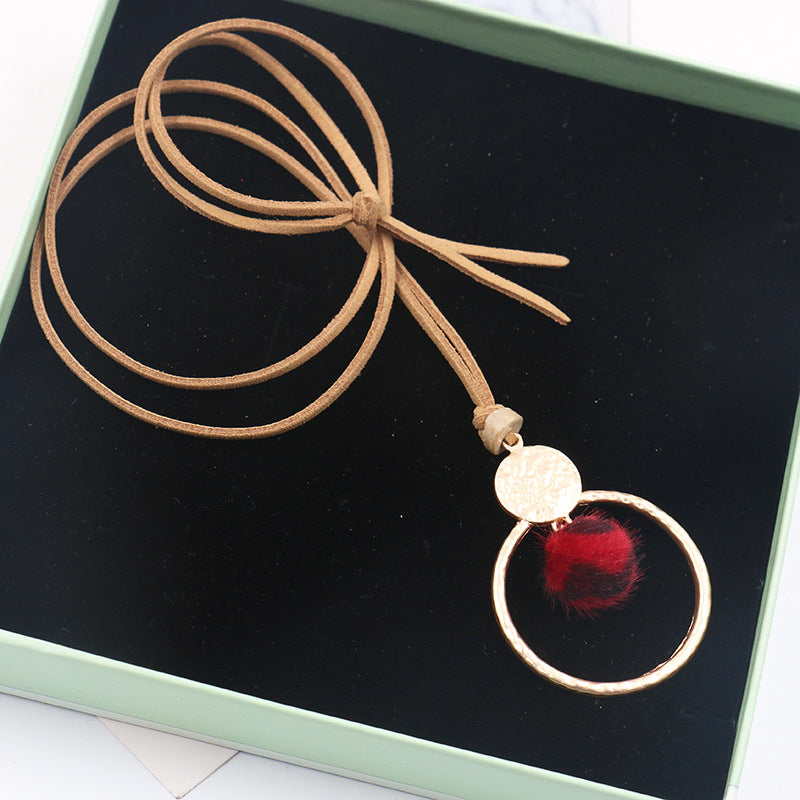 Circle Necklace long wool ball pendant
