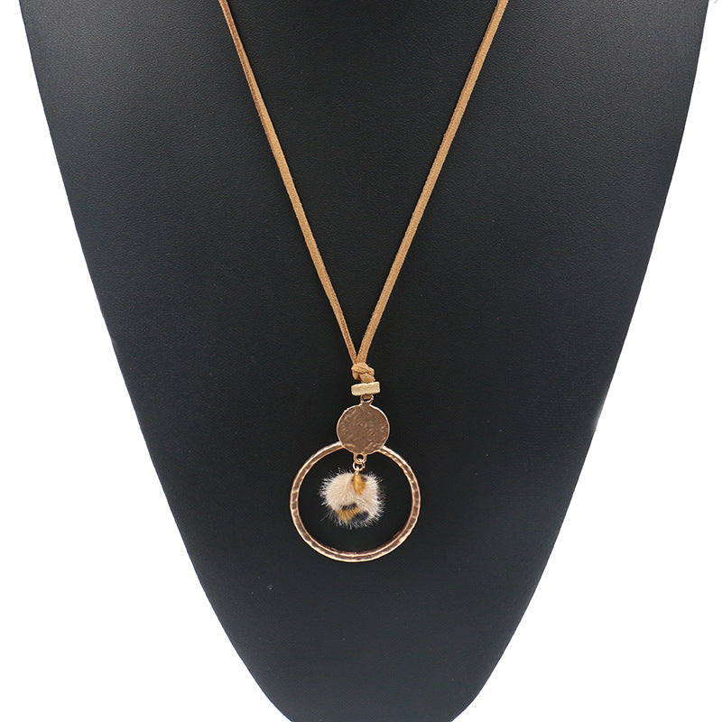 Circle Necklace long wool ball pendant