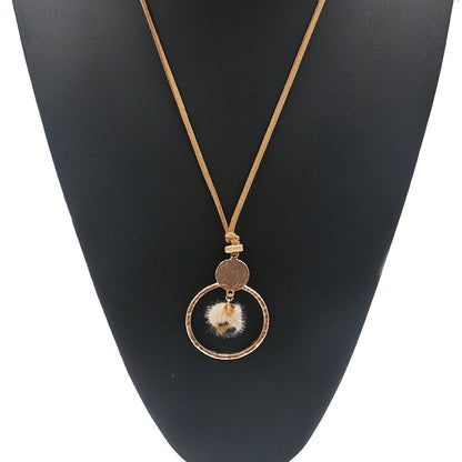 Circle Necklace long wool ball pendant