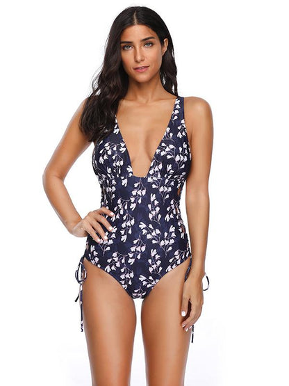 Floral Lace-up Side One Piece Swimwear