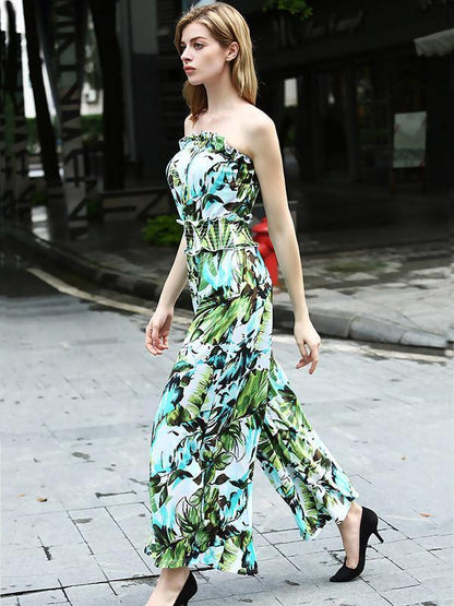 Pretty Floral Off-the-shoulder Backless Long Jumpsuits