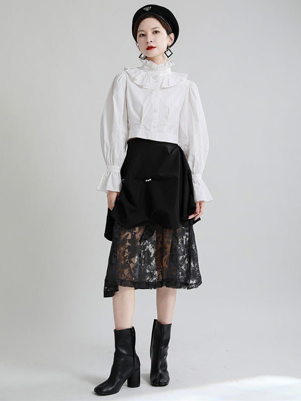 Stylish Solid Color Falbala Buttoned Pleated Stand Collar Long Puff Sleeves High-Waist Blouse