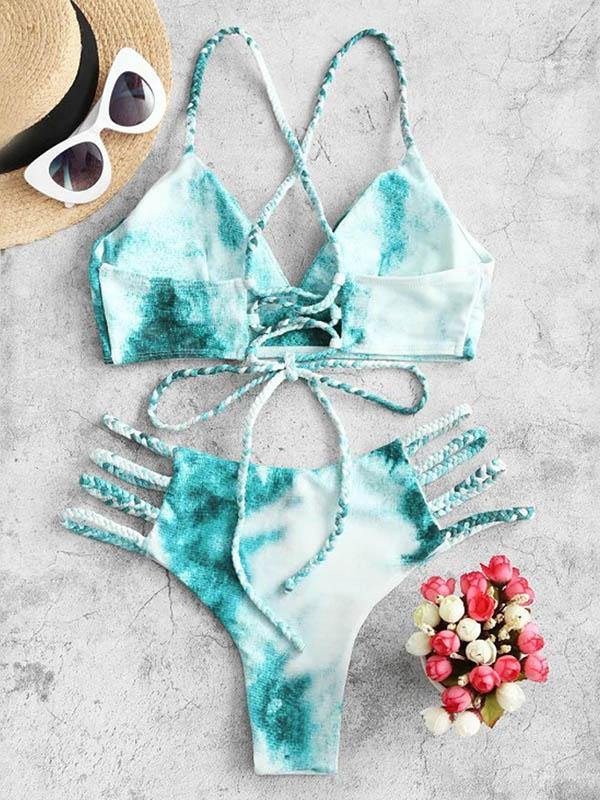 Tie-Dyed Bandage Backless Split Bikini Swimsuit