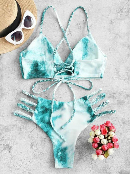 Tie-Dyed Bandage Backless Split Bikini Swimsuit