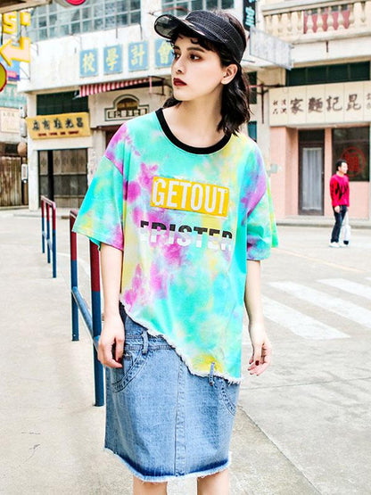 Loose Denim Fringed Split-joint Printed T-Shirt Dress