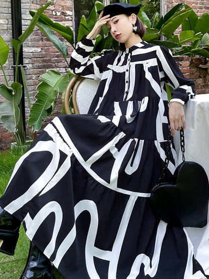 Loose Stand Collar Printed A-Line Midi Dress