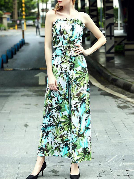 Pretty Floral Off-the-shoulder Backless Long Jumpsuits