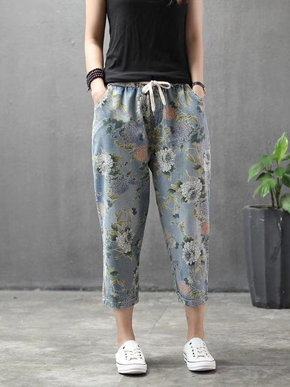 Vintage Summer Loose Printed Jean Pants Shorts
