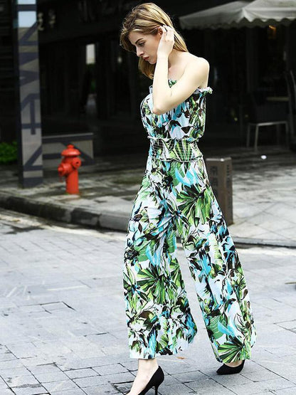 Pretty Floral Off-the-shoulder Backless Long Jumpsuits