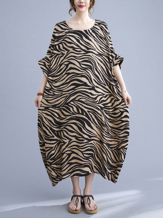 Original Zebra-Stripe Round-Neck Batwing Sleeve Midi Dress