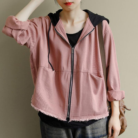 Buykud Natural Burr Hem Pure Color Hooded Coat