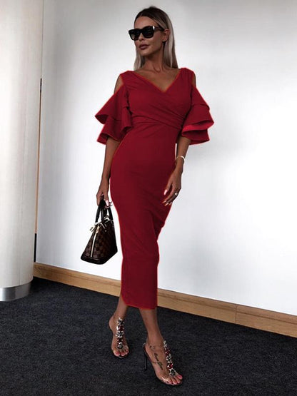 Simple 3 Colors V-neck Midi Dress