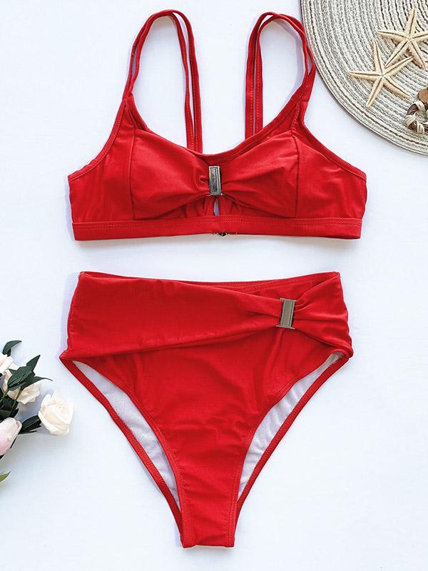 Solid Color Belted Split Bikini Swimsuit