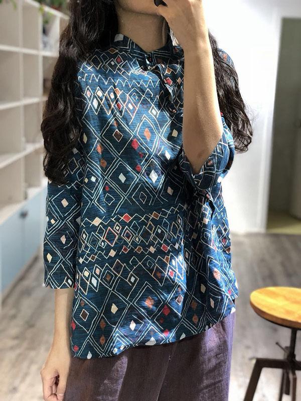 Fresh Oblique Printed Linen Blouses