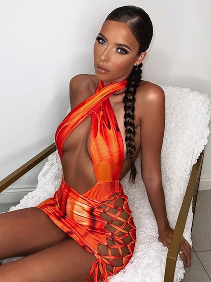 Tie-Dyed Hollow One-Piece Swimwear+Drawstring Cover-Ups Skirt Two-Pieces Set