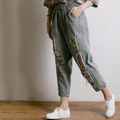 Embroidered Floral Patchwork Burr Women Jeans