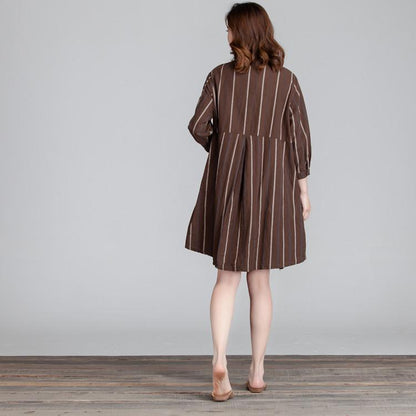Cotton Women Splicing Casual Linen Loose Stripe Pocket Dress