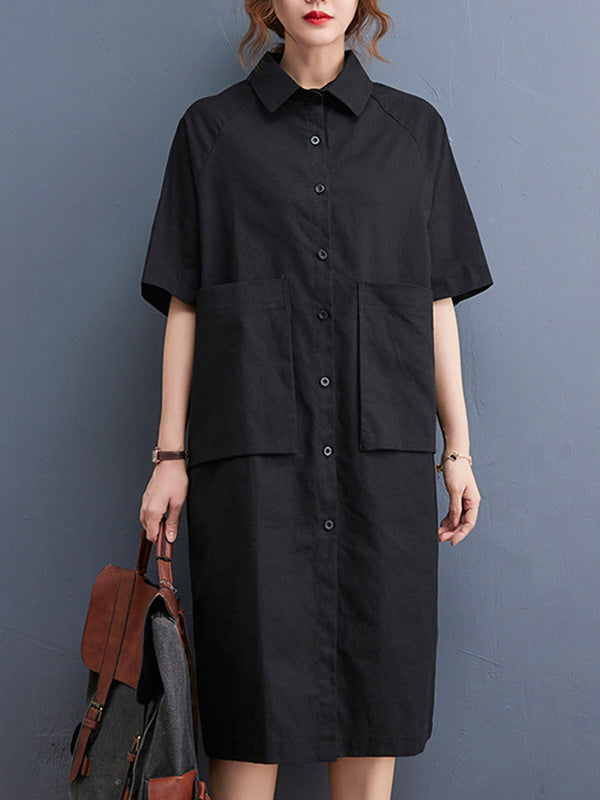 Original Solid Color With Pocket Lapel Shirt Dress