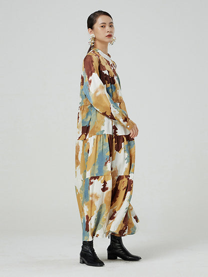 Original Graffiti Contrast Color Tie-Dyed Buttoned Pleated Stand Collar Long Sleeves Maxi Dress