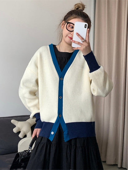 Causal Contrast Color Buttoned V-Neck Long Sleeves Cardigan Outwear