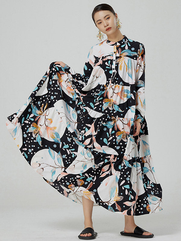Stylish Buttoned Printed Loose Long Sleeves Midi Dress