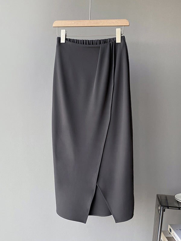 Stylish Solid Color Asymmetric Split-Front Elastics A-Line Skirts