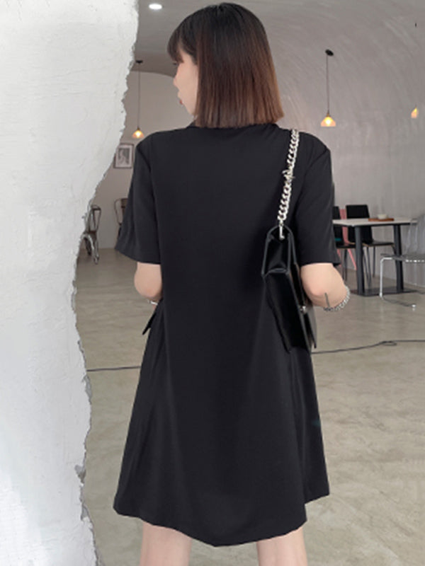 Stylish Buttoned Tie Split-Joint With Pocket Applique Notched Collar Short Sleeves Mini Shirt Dress