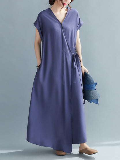 Casual Loose Solid Color Tied V-Neck Short Raglan Sleeves Maxi Dress
