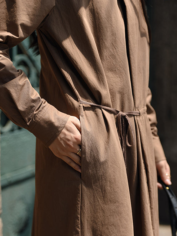 Casual Long Sleeves Loose Tied Asymmetric Solid Color Stand Collar Midi Dresses