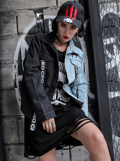 Hip-hop Printed Split-joint Lapel Denim Jacket