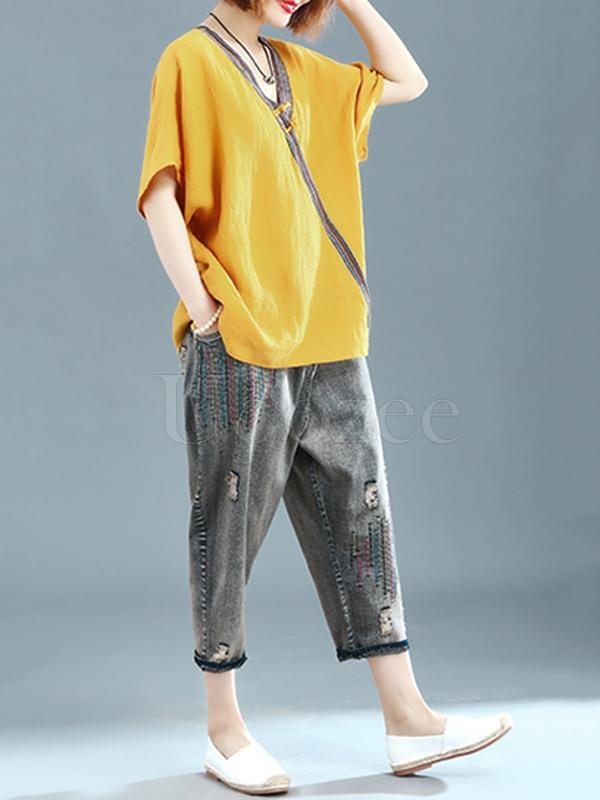 Loose Linen Frog V-neck T-shirt