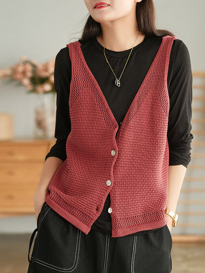 Simple Solid Color Buttoned V-Neck Hollow Vest Tops