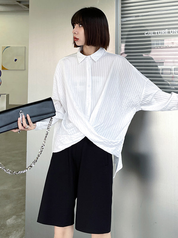 Casual Irregular Solid Color Buttoned Lapel Collar Long Sleeves Blouse