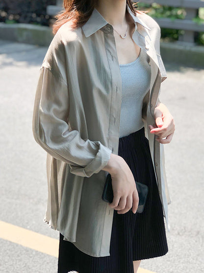 Casual Loose Solid Color Lapel Collar Long Sleeves Shirts