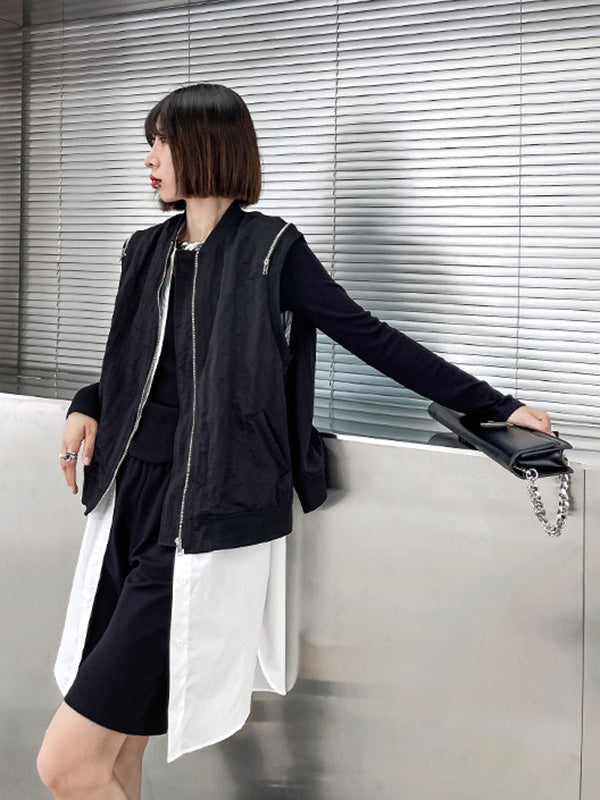 Cool Street Split-Joint Zipper Buttoned Round-Neck Sleeveless False Two Vest Outwear