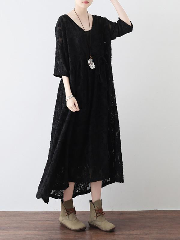 Loose Lace Hollow Cropped V-Neck Long Dress