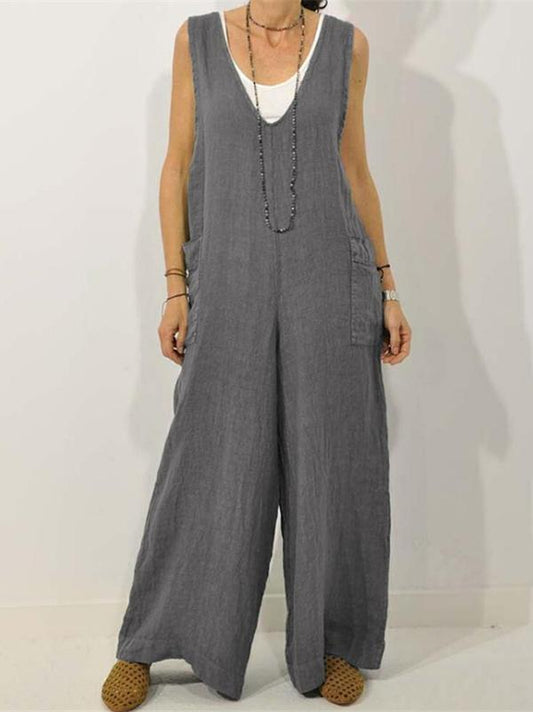 Casual Solid Round-neck Jumpsuits