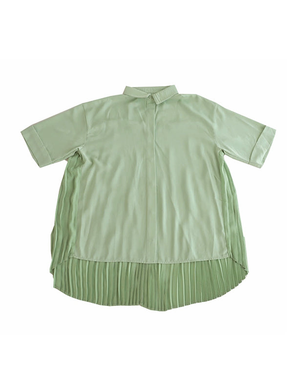 Stylish Solid Color High-Low Pleated Split-Joint Half Sleeves Blouse