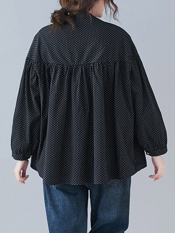 Casual Polka-Dot Buttoned Pleated Lapel Collar Long Sleeves Blouse