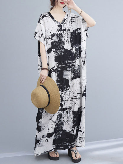 Original Ink-Printing V-Neck H-Line Maxi Dress