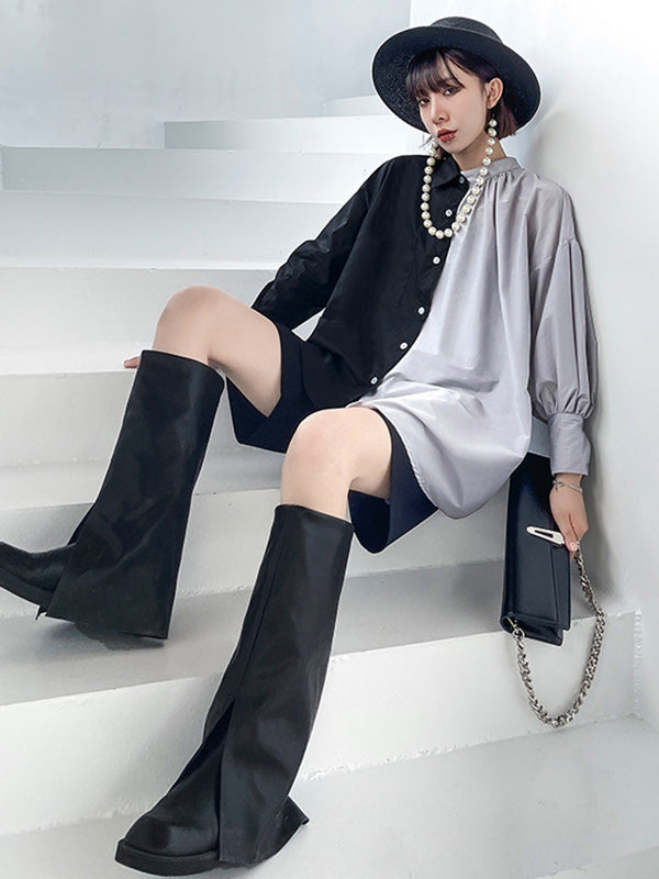 Irregular Casual Solid Color Pleated Buttoned Lapel Collar Long Sleeves Blouse