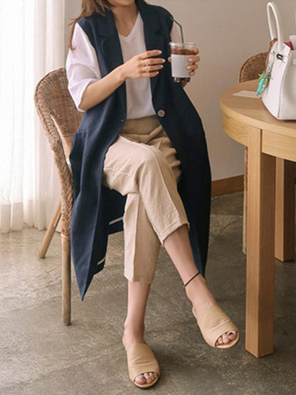 Simple Solid Color Split-Joint With Pocket Linen Notched Collar Vest Outwear