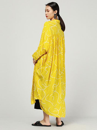 Original Ramie Cotton Printed Lapel Long Blouse Dress
