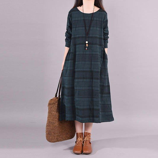 Buykud Comfortable Round Neck Casual Striped Loose Dress