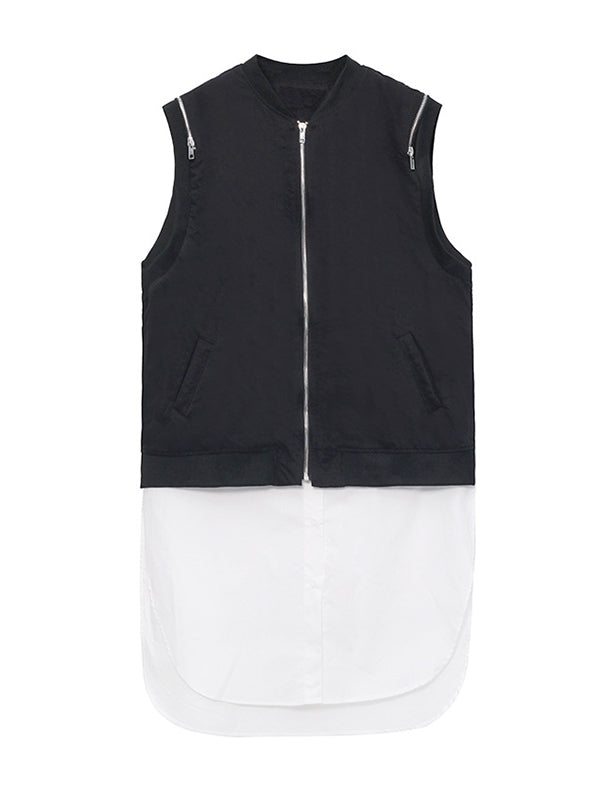 Cool Street Split-Joint Zipper Buttoned Round-Neck Sleeveless False Two Vest Outwear