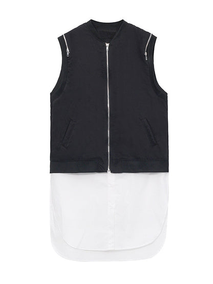 Cool Street Split-Joint Zipper Buttoned Round-Neck Sleeveless False Two Vest Outwear