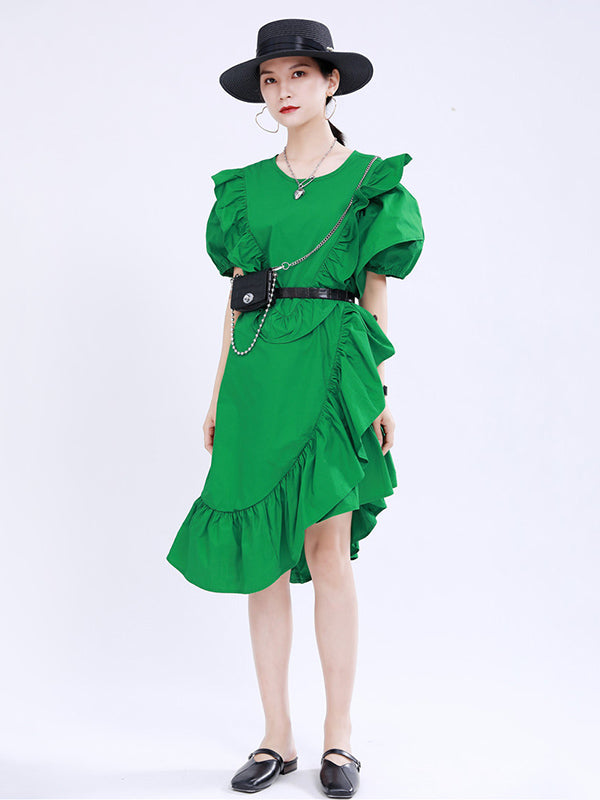 Original Irregular Solid Color Split-Joint Falbala Round-Neck Short Sleeves Midi Dress