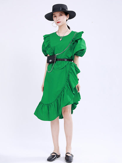 Original Irregular Solid Color Split-Joint Falbala Round-Neck Short Sleeves Midi Dress