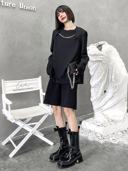Cool Solid Color Split-Joint With Chain Round-Neck Long Sleeves T-Shirt