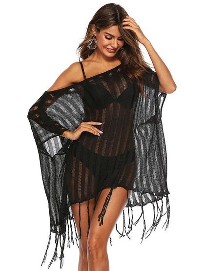Loose Off-the-Shoulder Knitted Tasseled Beach Cover-Up